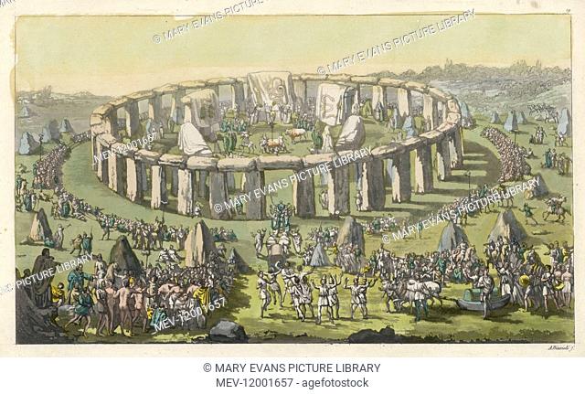 Celebrating a grand conventional festival at Stonehenge : priests and bards perform their functions, oxen drag the Avane, containing a monster from the lake