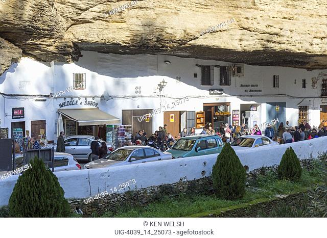 Setenil de las Bodegas, Cadiz Province, Spain. Commonly known simply as Setenil. Houses, now mostly restaurants, built into overhanging rock walls