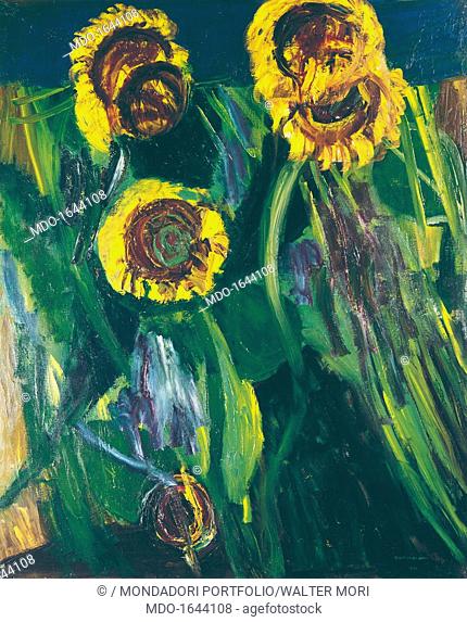 Sunflowers (Girasoli), by Bruno Cassinari, 1964, 20th Century, oil on canvas, 100 x 81 cm. Private collection. Whole artwork view