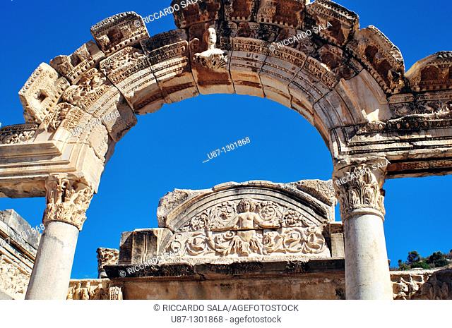 Turkey, Kusadasi, The facade of Hadrian's Temple, Hadrian's Arch facing Curetes Street in Ephesus
