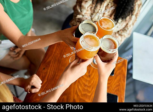 Female friends clinking craft beer glasses in a pub