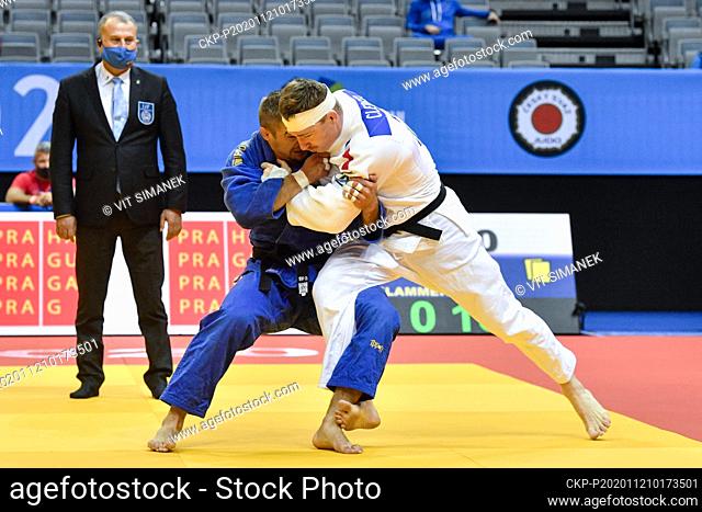 Czech judoka DAVID KLAMMERT (left) and AXEL CLERGET of France fight during the men's under 90kg game within the European Judo Championships in Prague