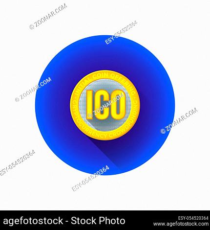 vector gold color realistic design ICO initial coin offering symbol blockchain based crowdfunding blue circle icon isolated sign on white background