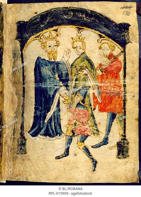 Gawain's return to court, Whole folio Sir Gawain, in armour, kneels before King Arthur and Queen Guinevere after his return to the court