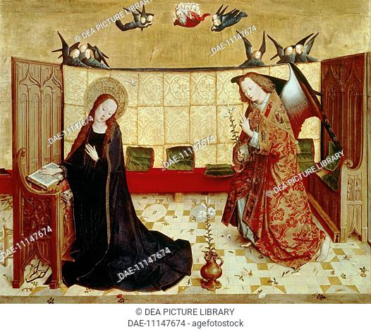 Annunciation, scene from the Life of the Virgin Mary, ca 1463, by the Master of the Life of the Virgin (active ca 1463-1480), panel