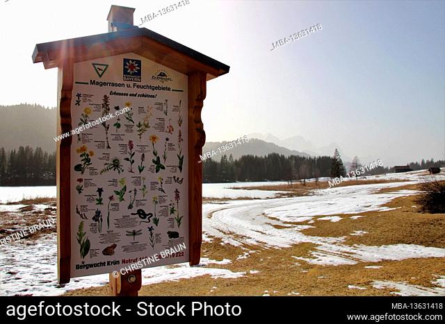 Information sign Recognize and protect grasslands and wetlands, Gerold sky veiled with Sahara sand, remnants of the cross-country ski trail can be seen in the...
