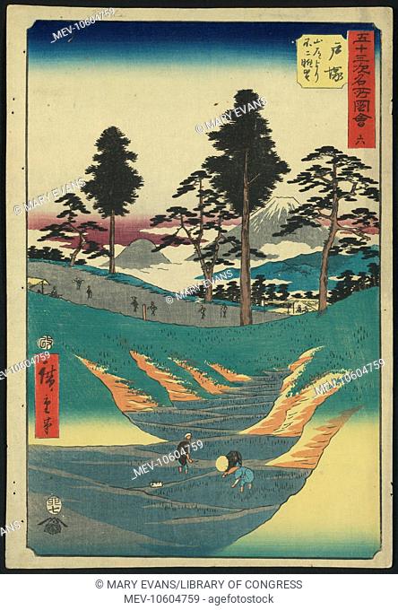 Totsuka. Print shows laborers in rice paddies in the foreground, pilgrims at the 6th station on the Tokaido Road in the middle distance