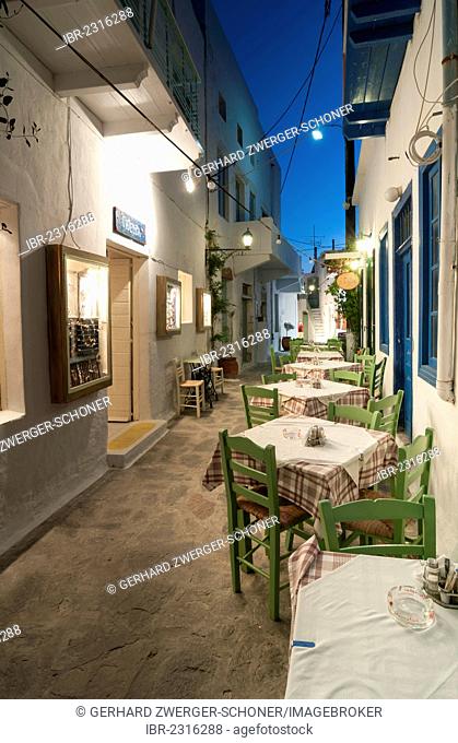 Empty Greek restaurant, tavern, Mykonos island, Cyclades, Greece, Europe