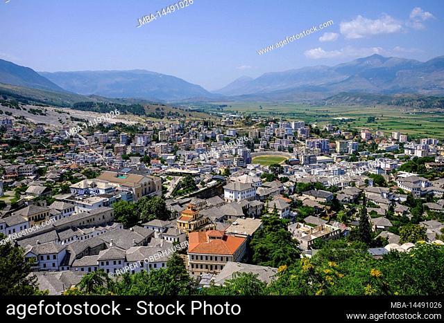 City of Gjirokastra, Gjirokastra, Albania - Mountain city of Gjirokastra, UNESCO World Heritage Site. City view with mountains in Drinos valley
