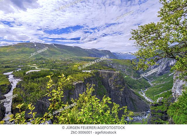 Waterfall Voringfossen and panorama view over the plateau and canyon of Mabodalen, Norway, also Voringsfossen