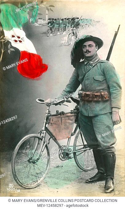 WW1 - A mobile member of the Italian Army - a cycling sharpshooter ('Bersaglieri'). The Bersaglieri are a corps of the Italian Army originally created by...