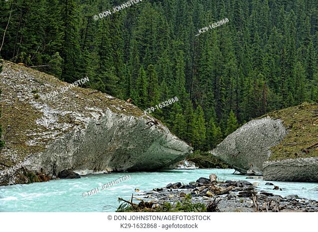 Kicking Horse River with melting snow brought down by an avalanche, Yoho NP, BC, Canada