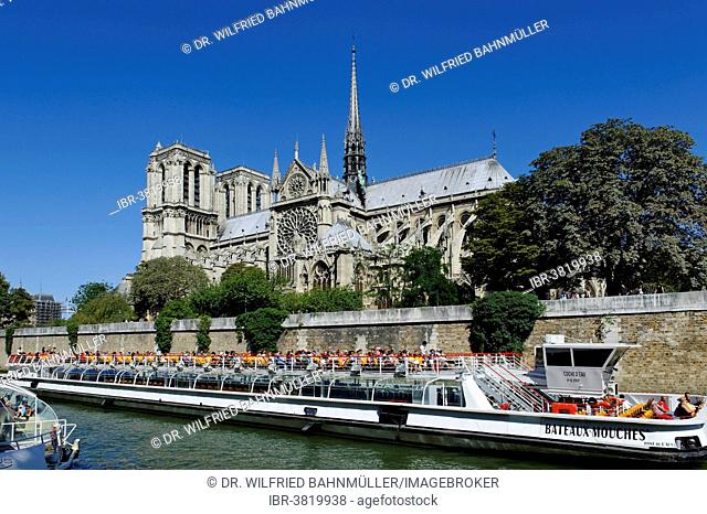 Excursion boat on the Seine, Notre-Dame de Paris or Notre-Dame Cathedral, Ile de la Cité, 4th Arrondissement, Paris, France