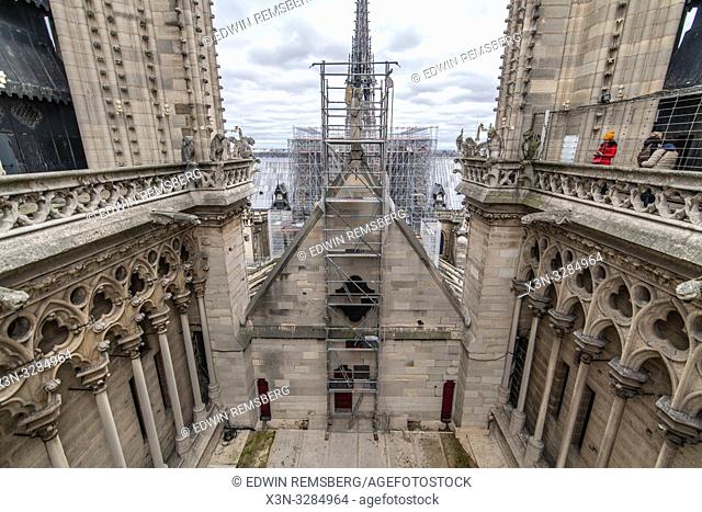 restoration work on Notre-Dame de Paris, medieval gothic cathedral in Paris, France, a few weeks before destruction by fire