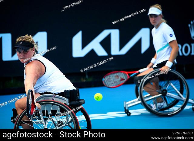 Dutch Diede De Groot (WTA1) and Dutch Aniek Van Koot (WTA3) pictured in action during the final of the women's wheelchair doubles between Dutch pair De Groot/ /...