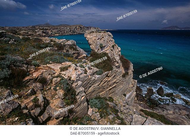 Old tuff quarry near Cala Rossa, Favignana Island, Aegadian Islands, Sicily, Italy