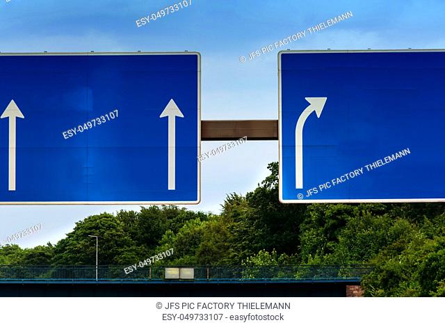 Highway sign, directional sign on the motorway A 3, direction Venlo, Duisburg, Essen, Muelheim an der Ruhr, Oberhausen, Arnhem and Highway crossing Kaiserberg