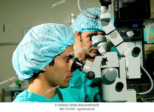 Physician looking through a microscope during cataract surgery in Pietermaritzburg, South Africa, Africa
