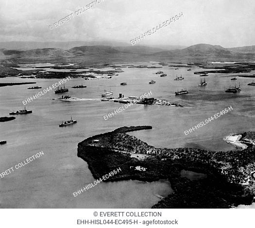 Aerial view of Guantanamo Bay, US Naval base in Cuba, 1927. Aerial view of 29 destroyers, 14 auxiliaries, and two Omaha-class light cruisers