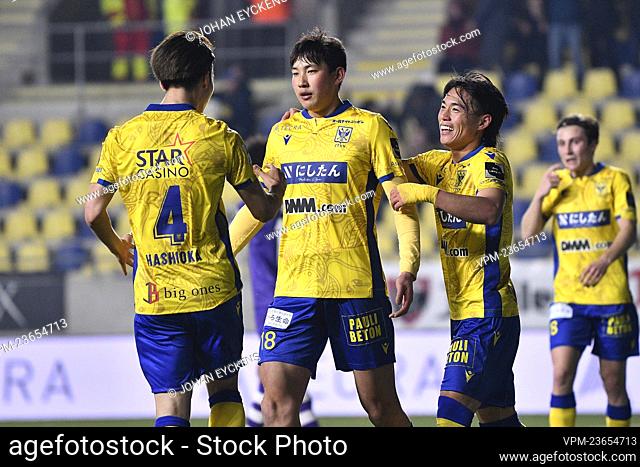 STVV's Daiki Hashioka, STVV's Taichi Hara and STVV's Daichi Hayashi celebrate after scoring during a soccer match between Sint-Truidense VV and Beerschot
