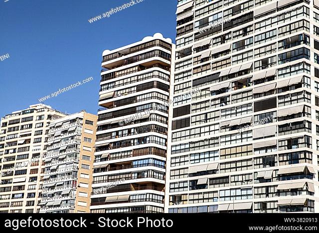 Apartment terraces in Benidorm, summer holidays city overtaken by European retired persons, due to it's excellent weather all year long and its very convenient...