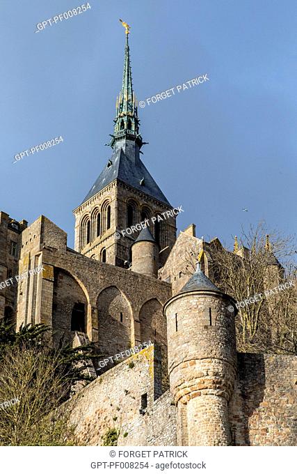 THE RAMPARTS AND THE BELL TOWER, ABBEY OF MONT-SAINT-MICHEL (50), FRANCE