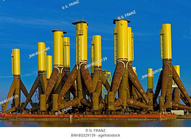 tripods of wind power stations on Kaiserhafen landing stage, Germany, Bremerhaven
