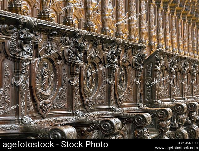 La Mezquita. The Mosque. Interior. The 18th century carved wood choir stalls in the cathedral rear of the mosque. They are the work of Spanish sculptor and...