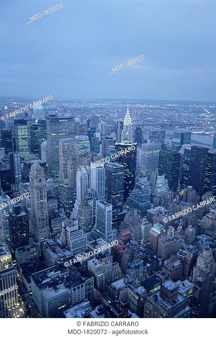 Panoramic view of Manhattan in the evening; famous for its skyscrapers, the island takes its original name from the Unami language