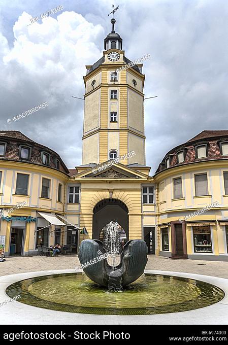 Herrieder Tor, Baroque new building 1750, in front a modern sprig fountain, Ansbach, Middle Franconia, Bavaria, Germany, Europe