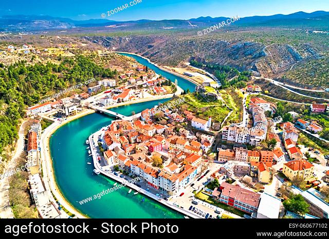 Town of Obrovac and Zrmanja river panoramic aerial view, Dalmatia archipelago of Croatia