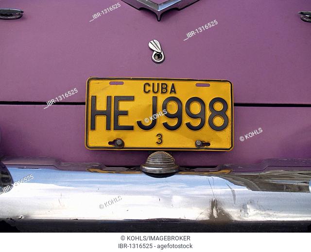 Cuban license plate, vintage car, Havana, Cuba, Caribbean, Greater Antilles