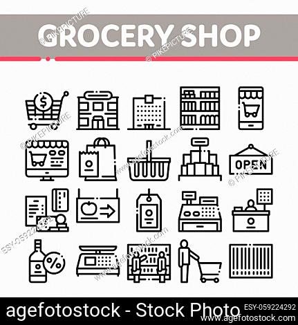 Grocery Shop Shopping Collection Icons Set Vector Thin Line. Internet Grocery Shop Or In Super Market, Scales And Cash Machine Concept Linear Pictograms