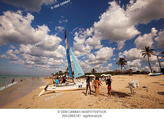 Scene from the Santa Maria del Mar beach with a catamaran in the foreground, Playas del Este, La Habana, Cuba, West Indies, Central America