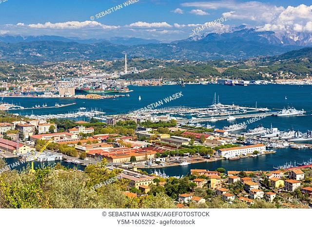 View of Porto della Spezia and Golfo della Spezia from Campiglia village, Province of La Spezia, Liguria, Italy, Europe