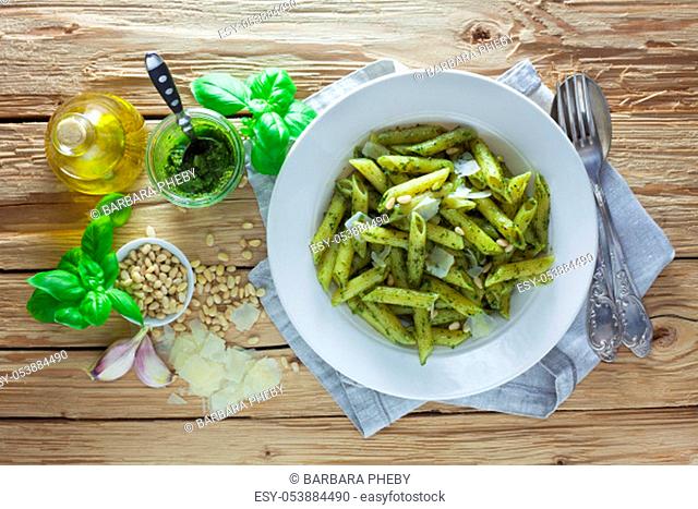 Pasta With Pesto Genovese On A Wooden Background