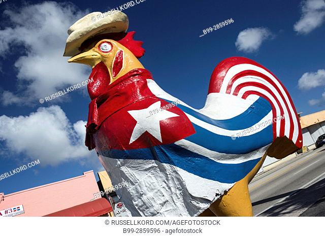 CUBAN FLAG PAINTED ON GIANT CHICKEN SCULPTURE EIGHTH STREET LITTLE HAVANA NEIGHBORHOOD MIAMI FLORIDA