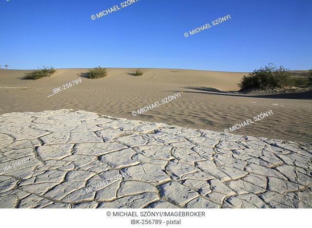 Desiccation cracks and sand dunes near Stovepipe Wells, Death Valley National Park, California, USA