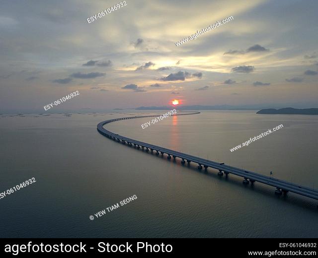 Aerial view Penang Second Bridge during sunset hour
