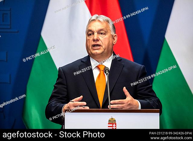 18 December 2023, Hungary, Budapest: Viktor Orban (r), Prime Minister of Hungary, speaks at the Carmelite Monastery during a joint statement with Turkish...