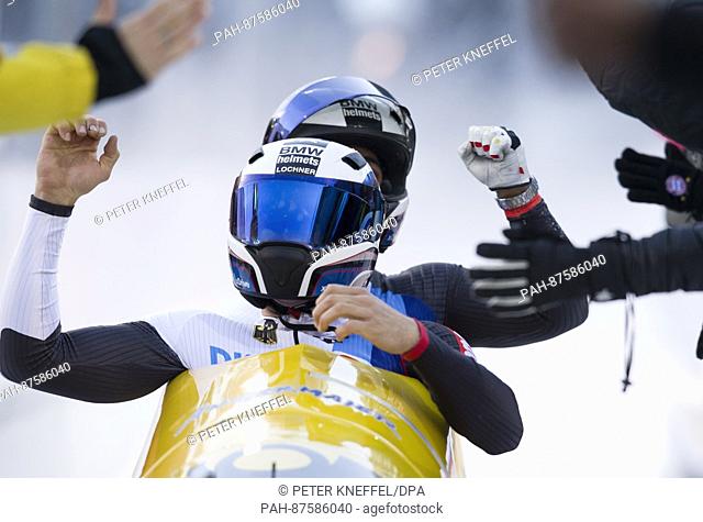 German bobsledders Johannes Lochner and Joshua Bluhm come in first place at the men's doubles at the Bobsled World Cup in Schoenau am Koenigssee, Germany