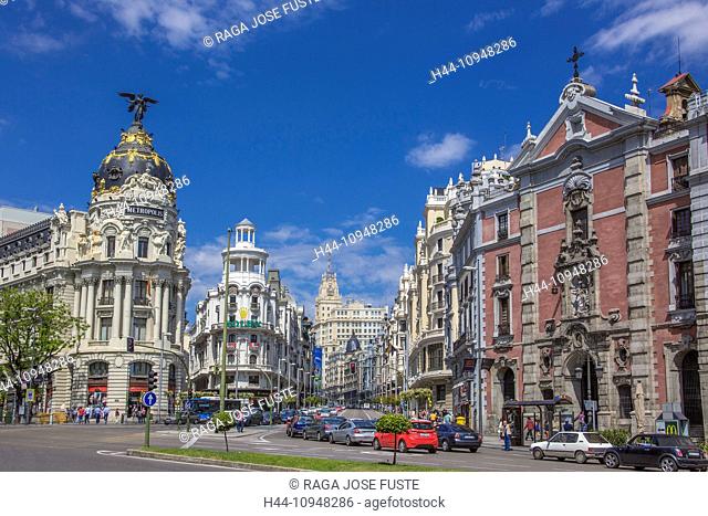 Alcala, Castilla, Castile, Madrid, architecture, avenue, city, colourful, down town, gran via, Spain, Europe, spring, touristic, travel