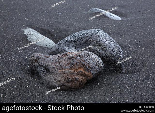 Lava rock in the black sand on the beach, volcanic rock, volcanic debris, Los Hervideros, Lanzarote Island, Canary Islands, Canary Islands, Spain, Europe