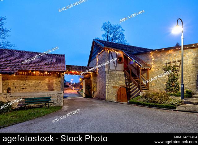Aschfeld church castle, blue hour, advent, museum, village history, Aschfeld, Main-Spessart, Franconia, Bavaria, Germany