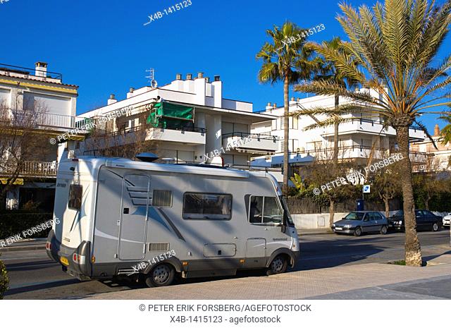 Camper van parked along Passeig Maritim street Sitges Catalunya Spain Europe
