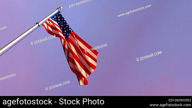 3d rendering of the national flag of the United States of America in the evening at sunset against a background of beautiful clouds