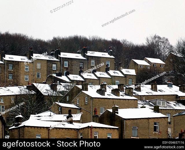terraced houses covered in snow in hebden bridge west yorkshire