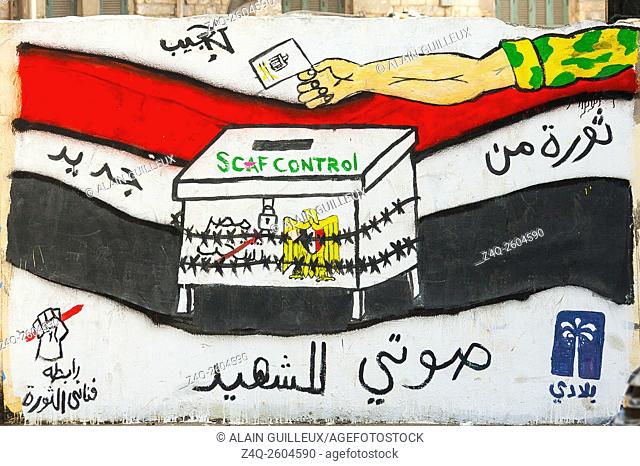 Egypt, Cairo, graffiti of the Egyptian revolution nearby Mohamed Mahmoud Street. It says elections are totally under the control of the army