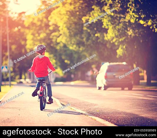 child on a bicycle at asphalt road in summer. Bike in the park. Boy cycling outdoors on beautiful sunny evening