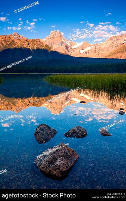 Howse Peak relected in Waterfowl Lake in Banff National Park, Alberta, Canada at sunrise